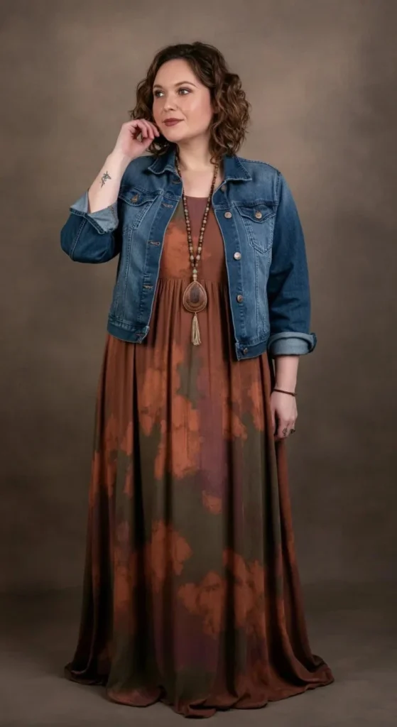 High-Waisted Maxi Dress with Denim Jacket