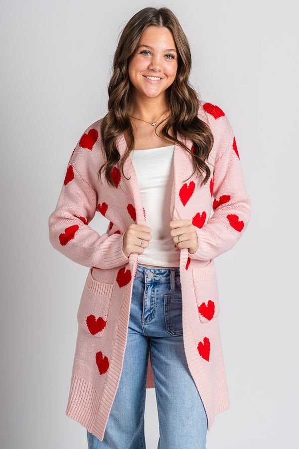 Pink Heart Cardigan with Light Denim