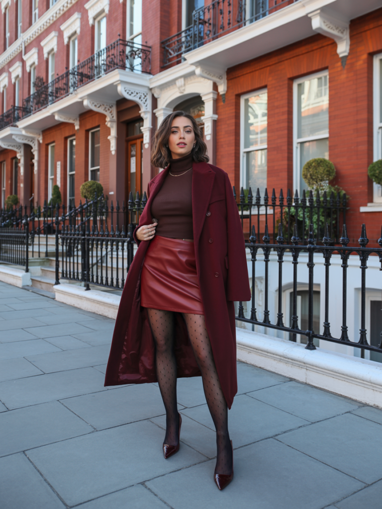 Burgundy Coat & Leather Mini Skirt