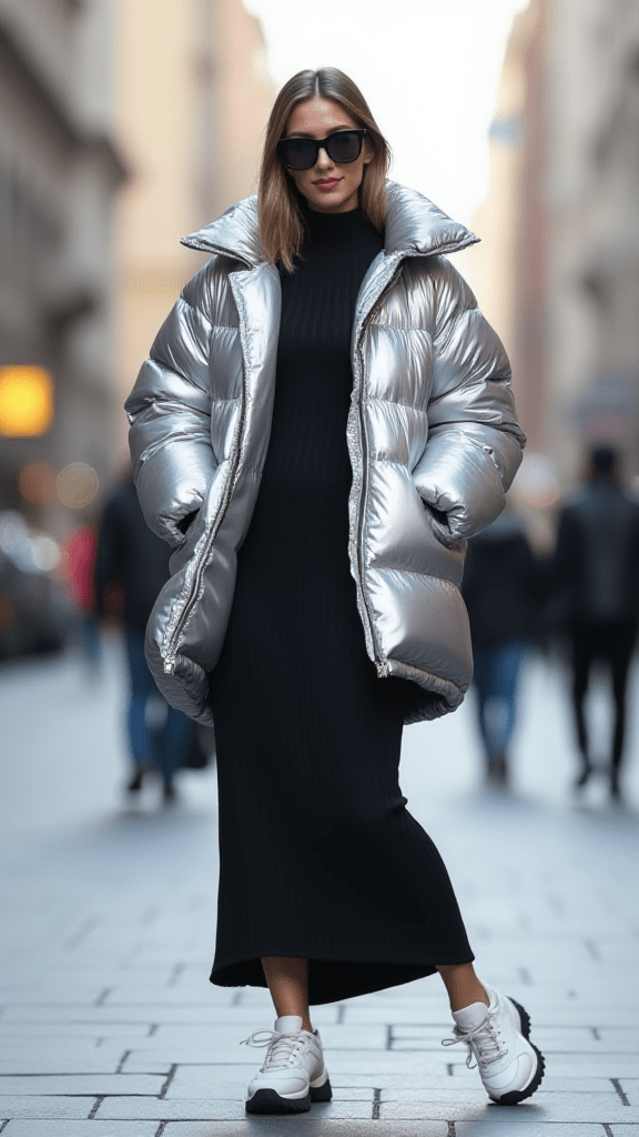 Puffer Coat and Midi Dress