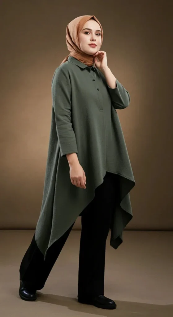 Layered Tunic Over Straight-Leg Pants