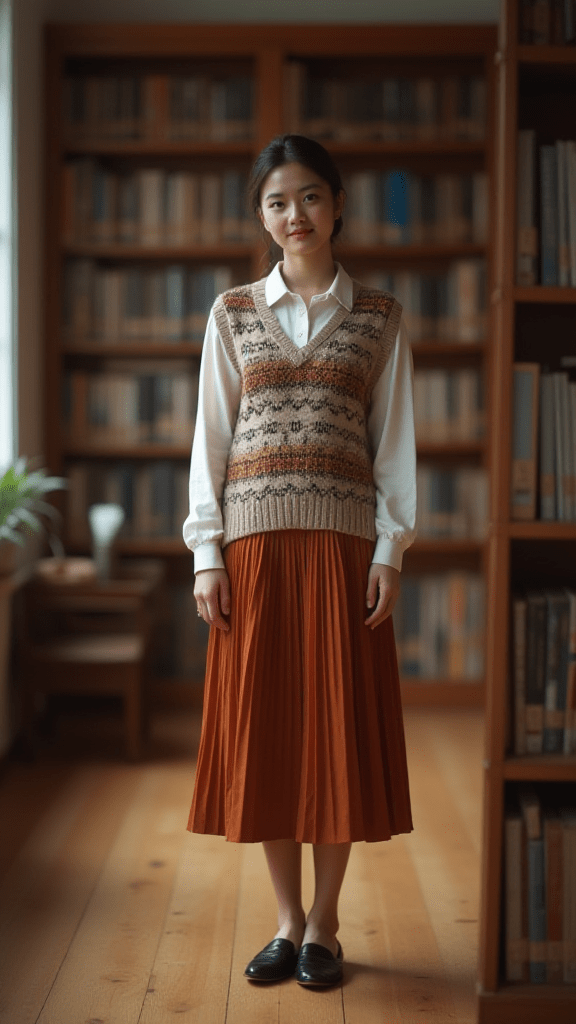 Sweater Vest Over Button-Down & Pleated Skirt