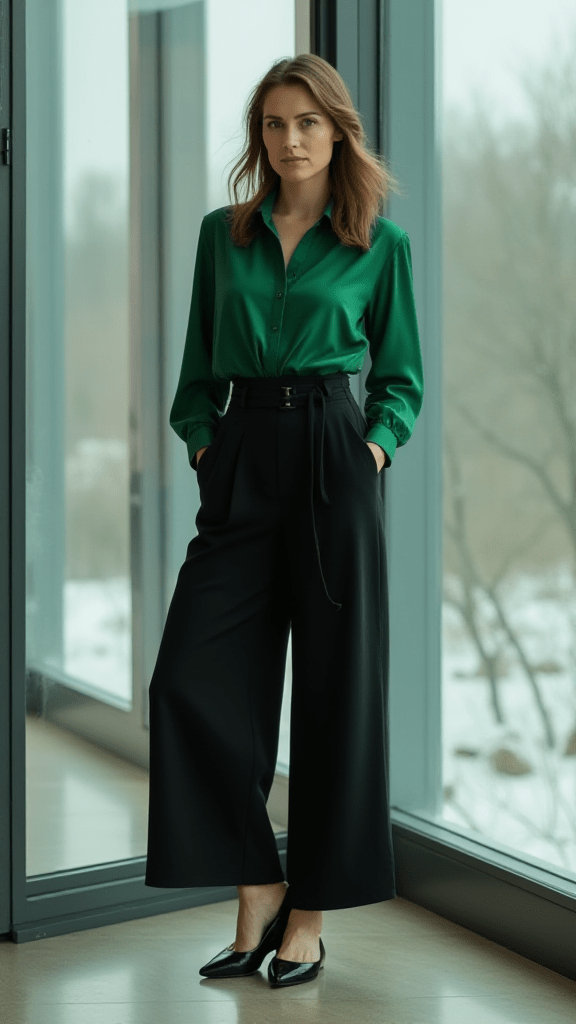 Silk Blouse + High-Waisted Trousers
