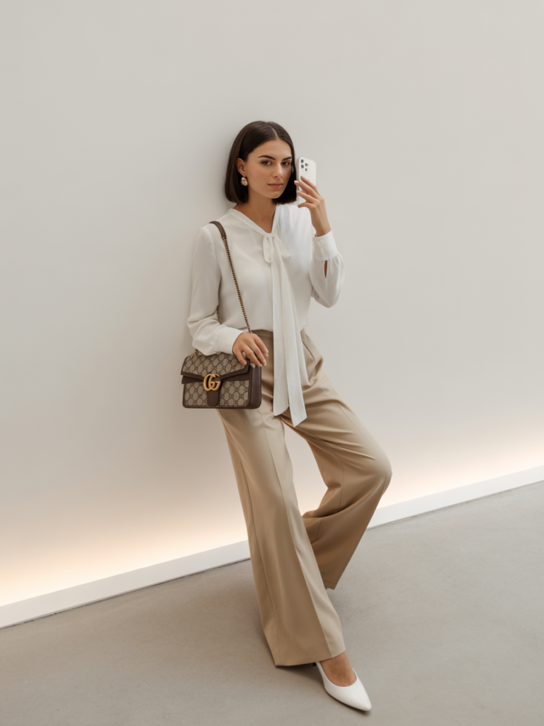 White Tie-Neck Blouse with Neutral Trousers