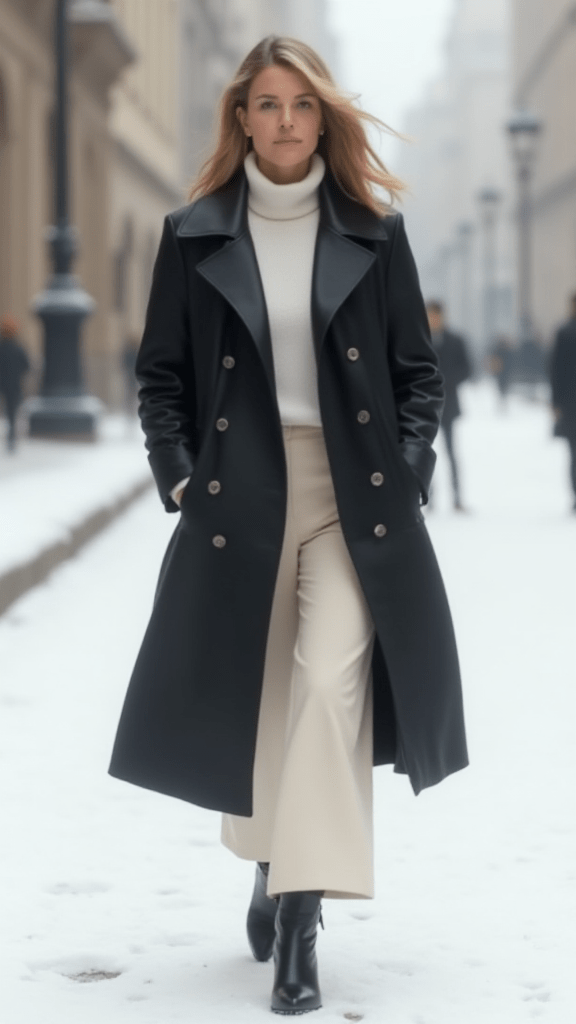 Leather Trench Coat & Wide-Leg Trousers