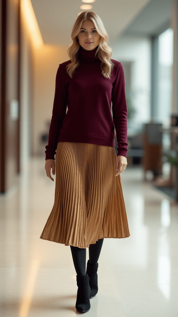 Turtleneck Sweater + Pleated Midi Skirt