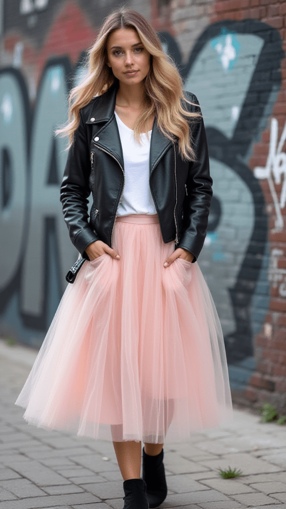 Tulle Skirt with Leather Jacket