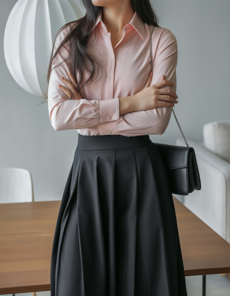 Blush Blouse with Black Skirt