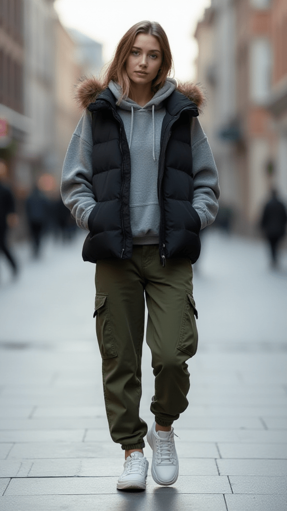 Puffer Vest Over Hoodie & Cargo Pants