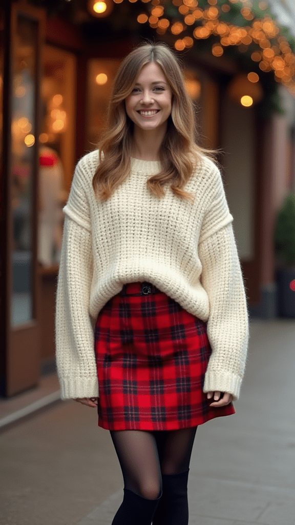 Plaid Mini Skirt & Chunky Knit Sweater