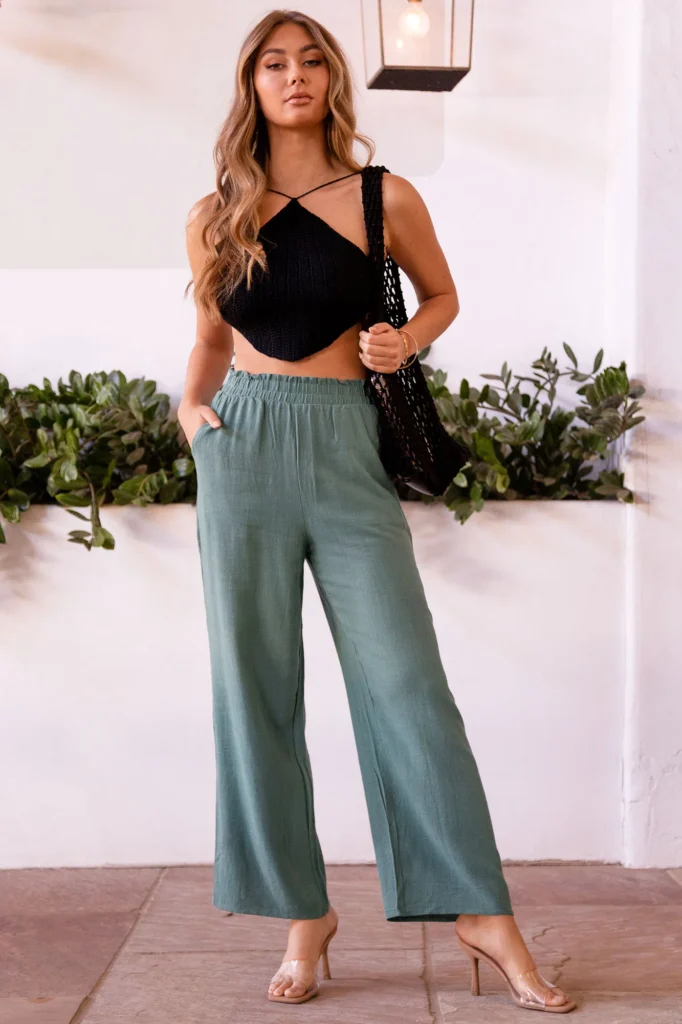 Cropped Black Top and Sage Flared Pants