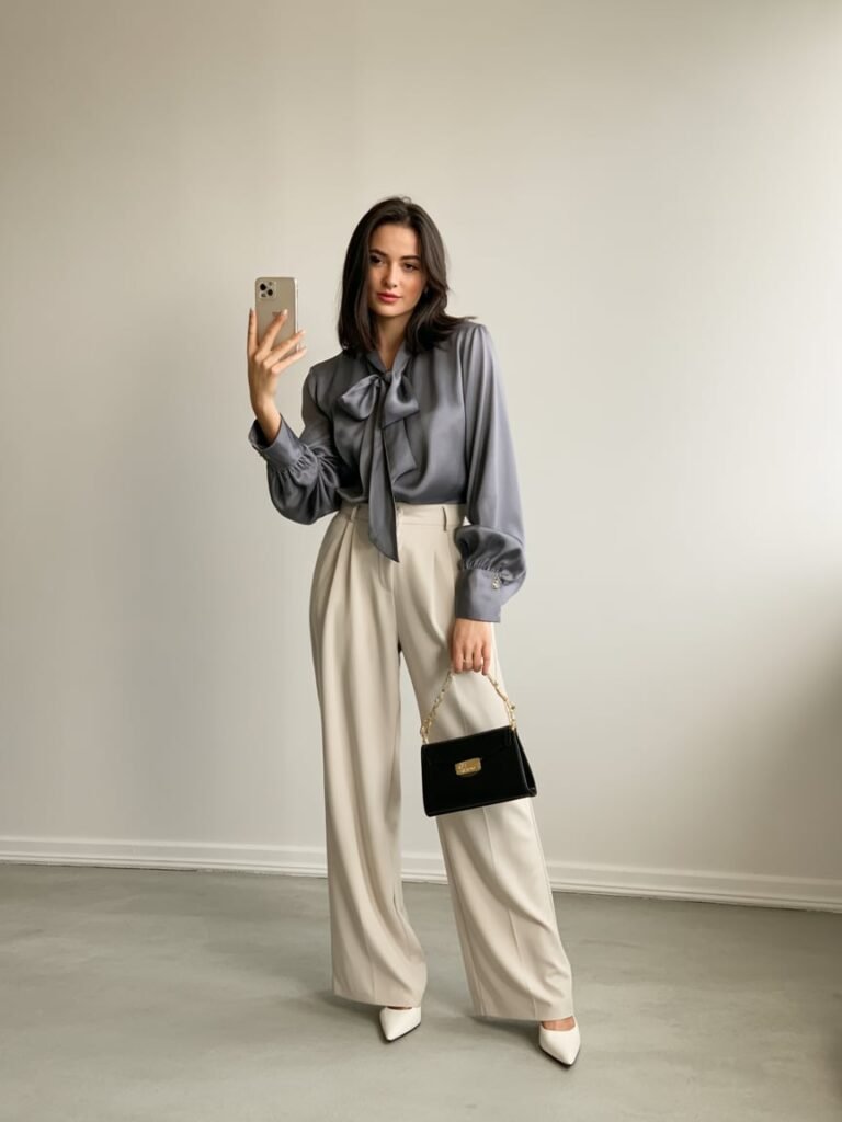 Gray Bow Blouse with White Trousers