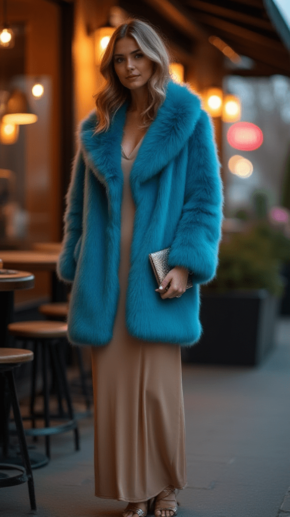 Colorful Faux Fur Coat & Slip Dress