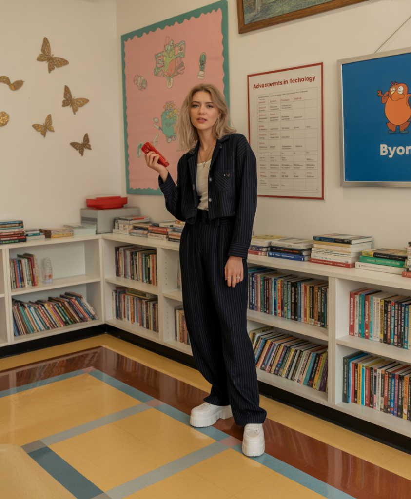 Pinstripe Jumpsuit with White Shirt