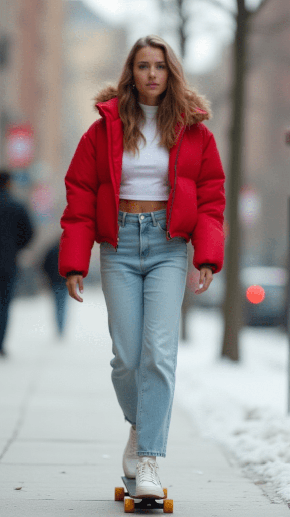 Cropped Puffer Jacket & Mom Jeans