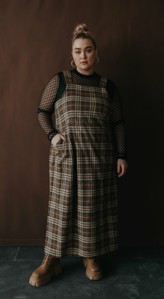 Grunge Plaid Maxi Dress with Mesh Layering