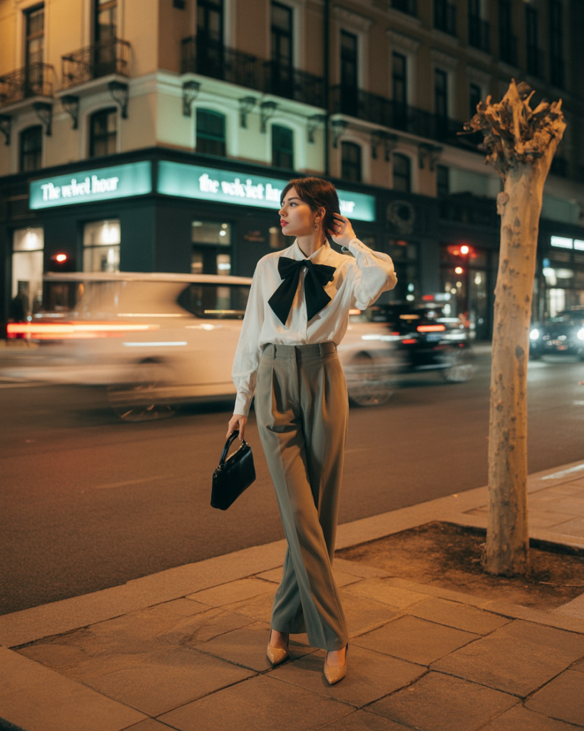 Bow Blouse with Black Trousers