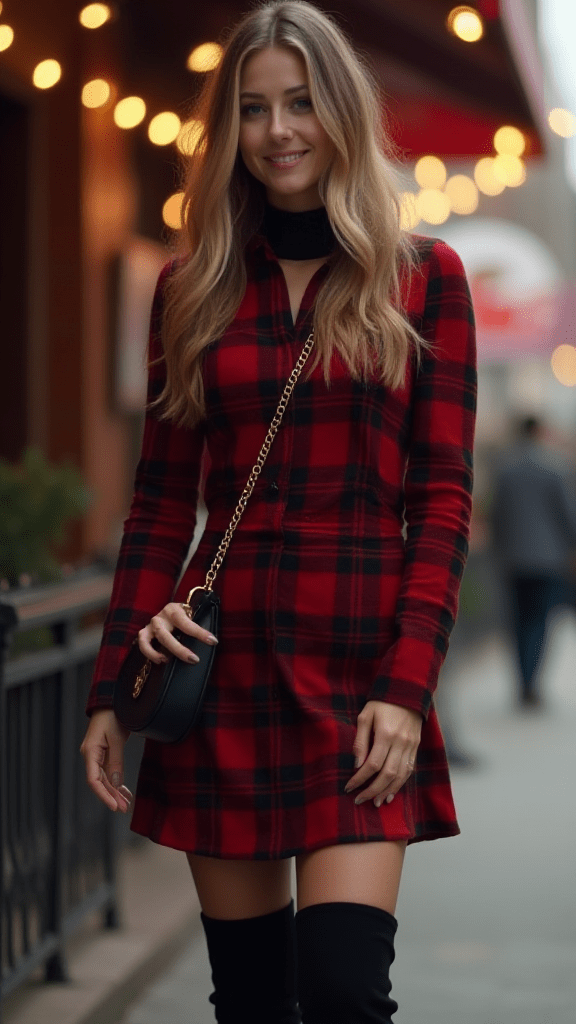 Plaid Minidress and Thigh-High Boots
