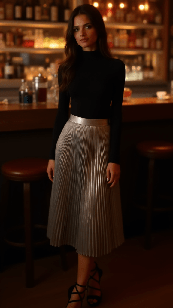 Pleated Metallic Skirt with Turtleneck Bodysuit
