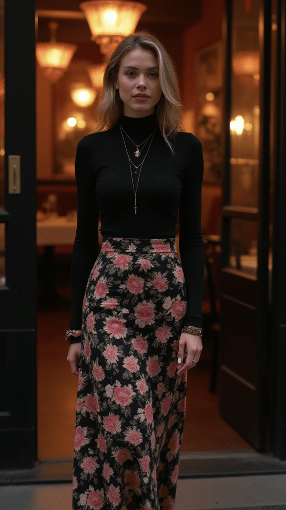 Turtleneck Bodysuit and Maxi Skirt