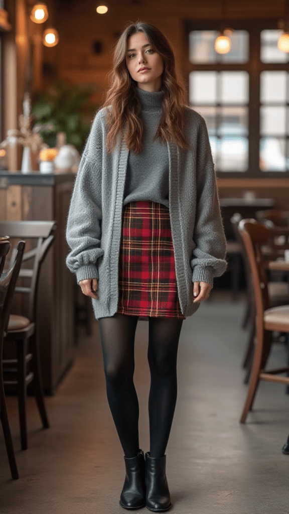 Plaid Mini Skirt with Oversized Cardigan
