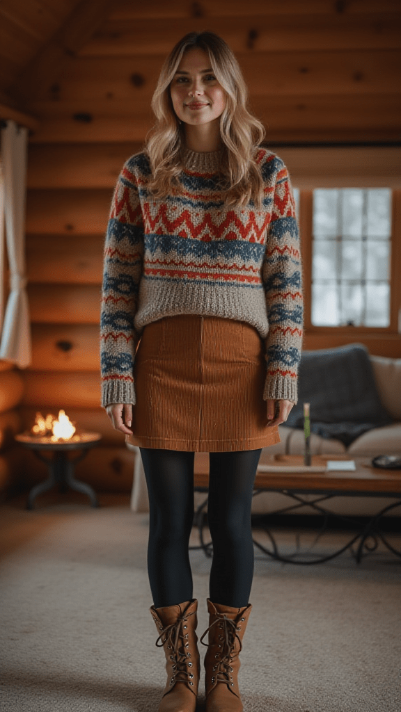 Corduroy Skirt with Fair Isle Sweater
