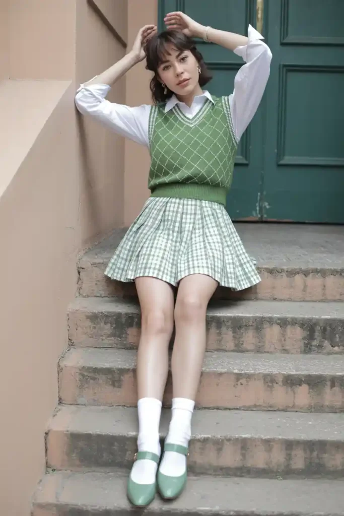  Plaid Skort & Varsity Sweater Combo