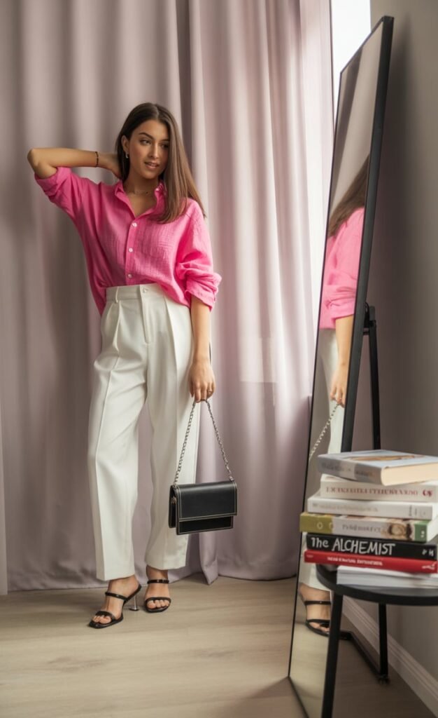Blush Blouse and White Trousers