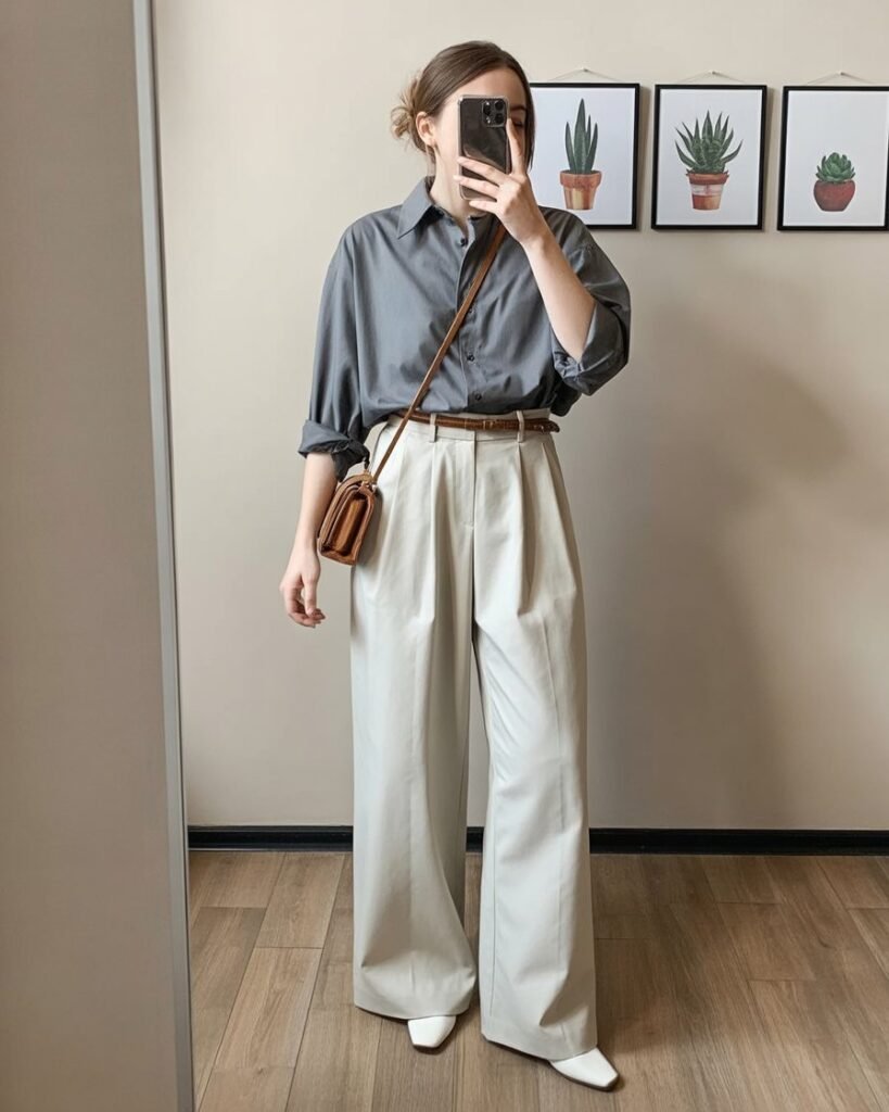 Taupe Shirt with Ivory Trousers