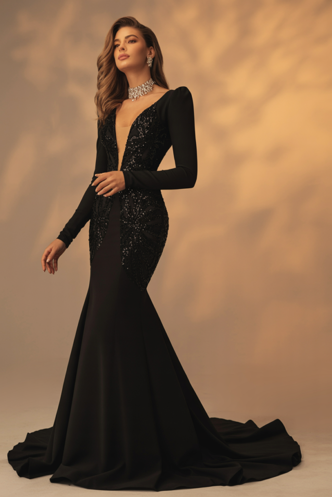 Black Mermaid Gown with Embroidery