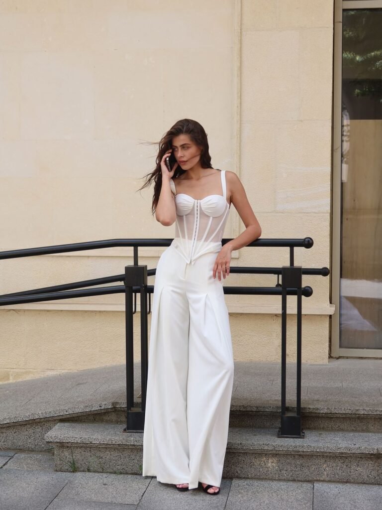White Corset Top and Satin Cargo Pants