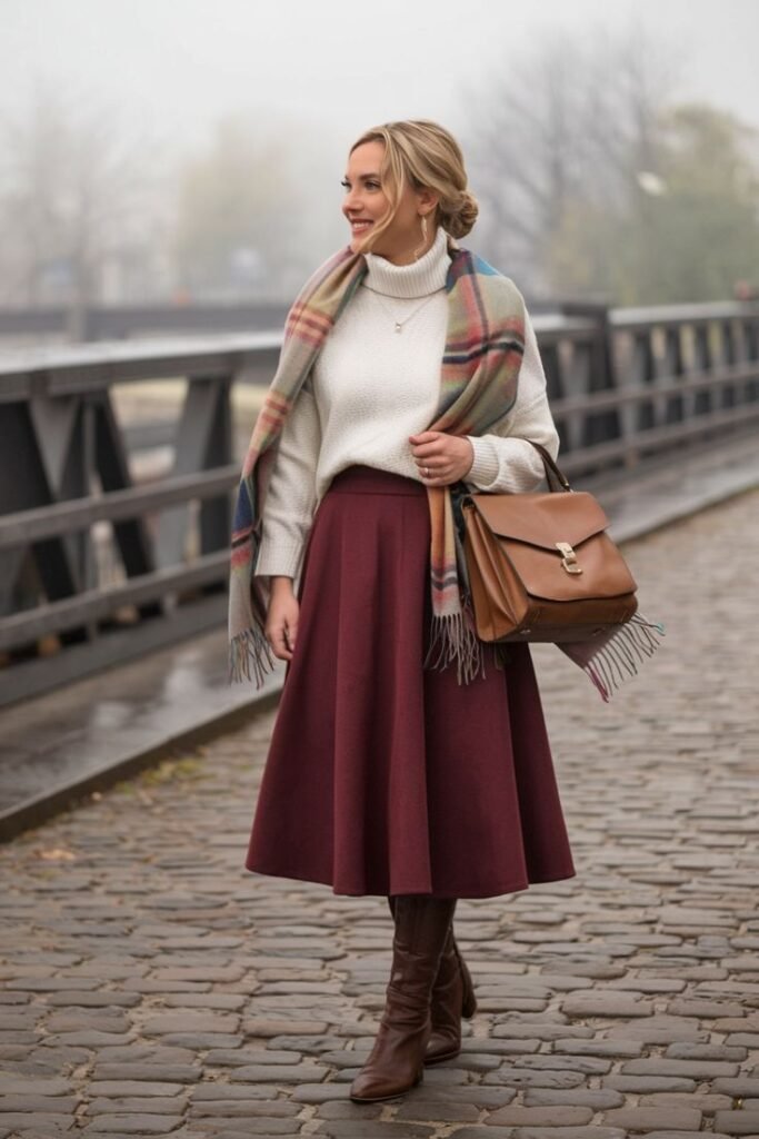 Plaid Skirt and Burgundy Boots