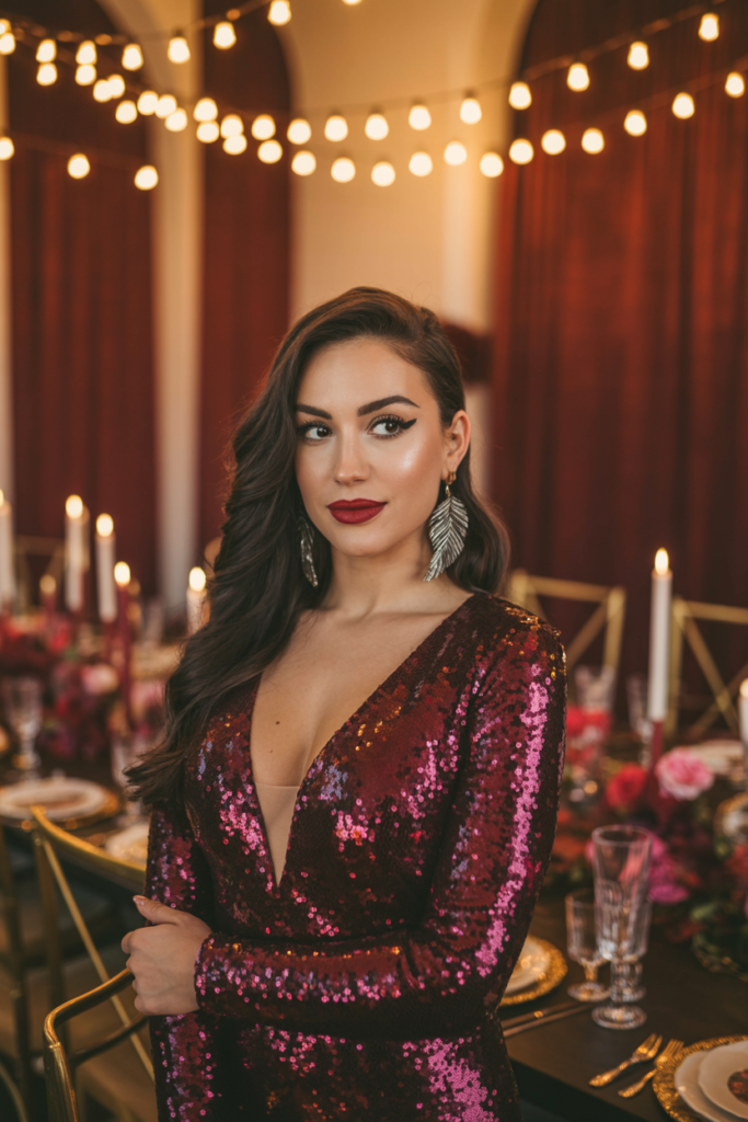 Bordeaux Sequin Gown with Deep Neckline