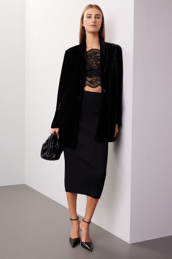 Burgundy Velvet Blazer over Black Lace Dress