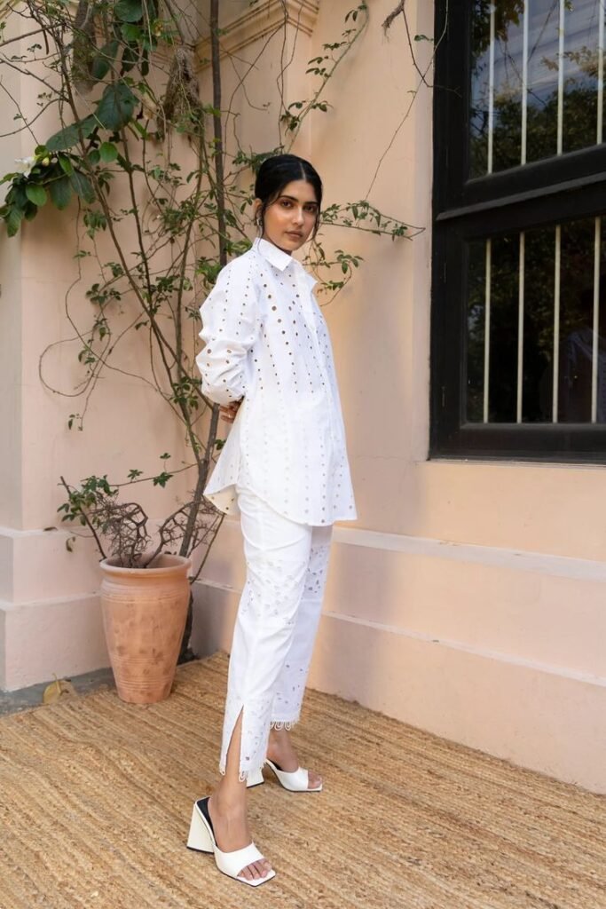  Broderie Anglaise Blouse and Slim-Fit Trousers