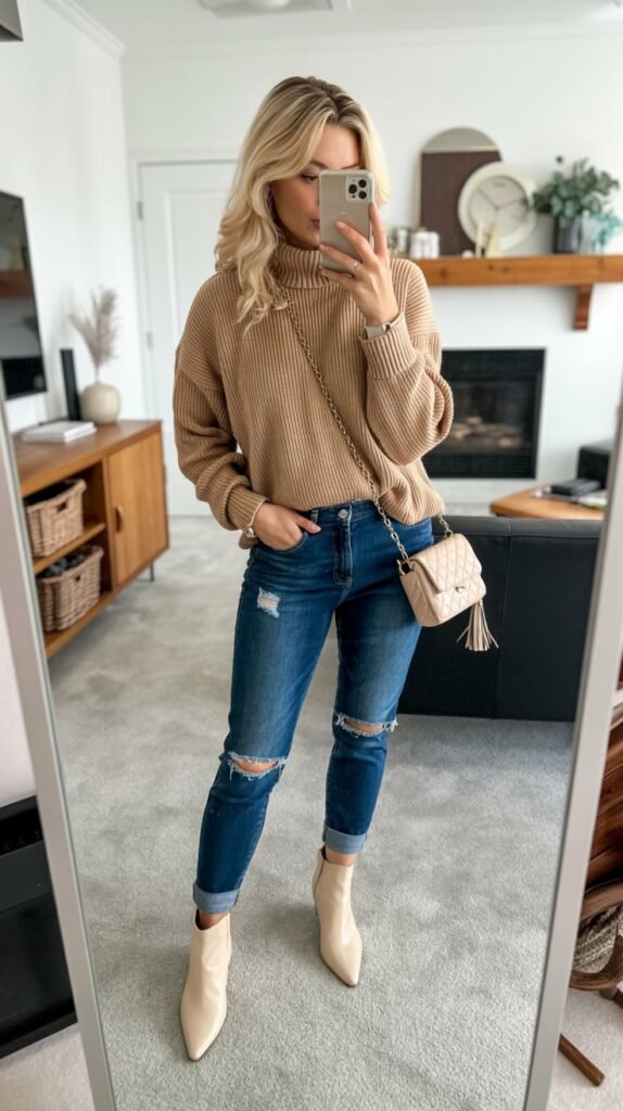 Cozy Camel Sweater and Distressed Denim