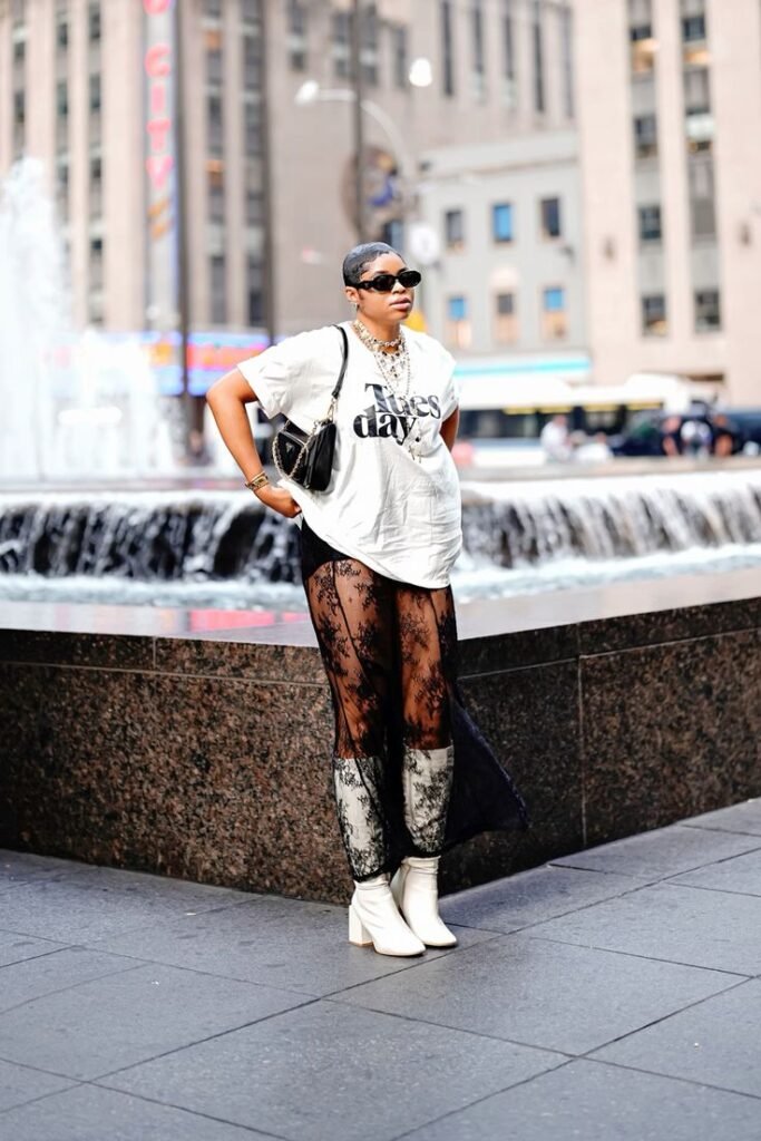 White Cropped Baggy Tee with Sheer Mesh Layer and Platform Shoes