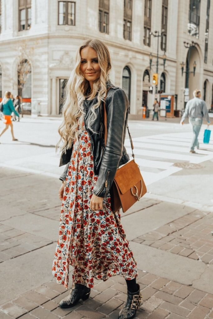 Floral Maxi Dress with Leather Jacket