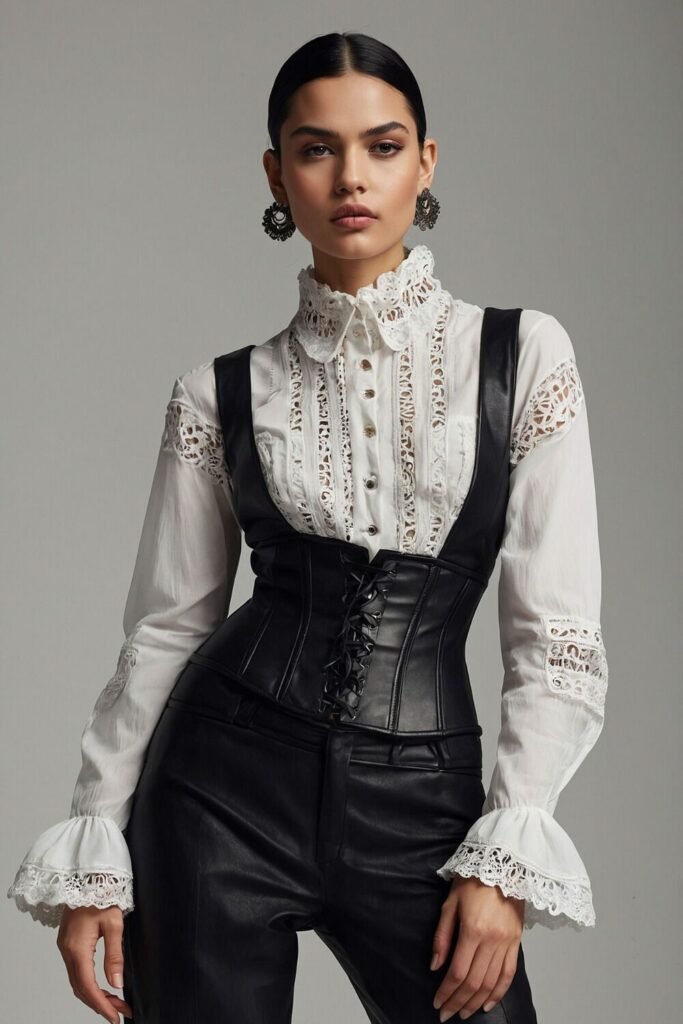  Victorian Ruffled Blouse with Black Leather Corset Belt