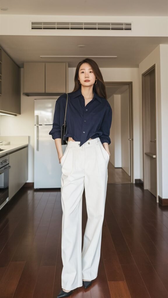 Dark Blue Button-Down with White Pants