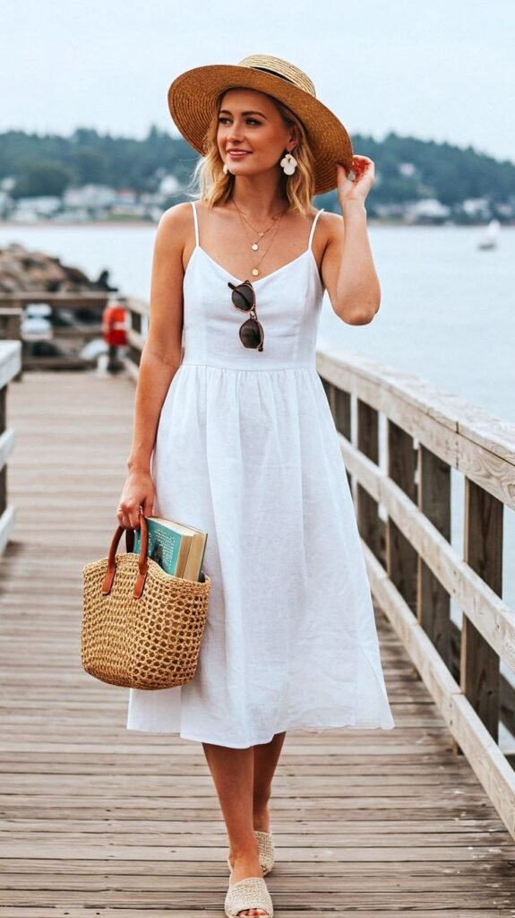 Crisp White Dress with Woven Accessories