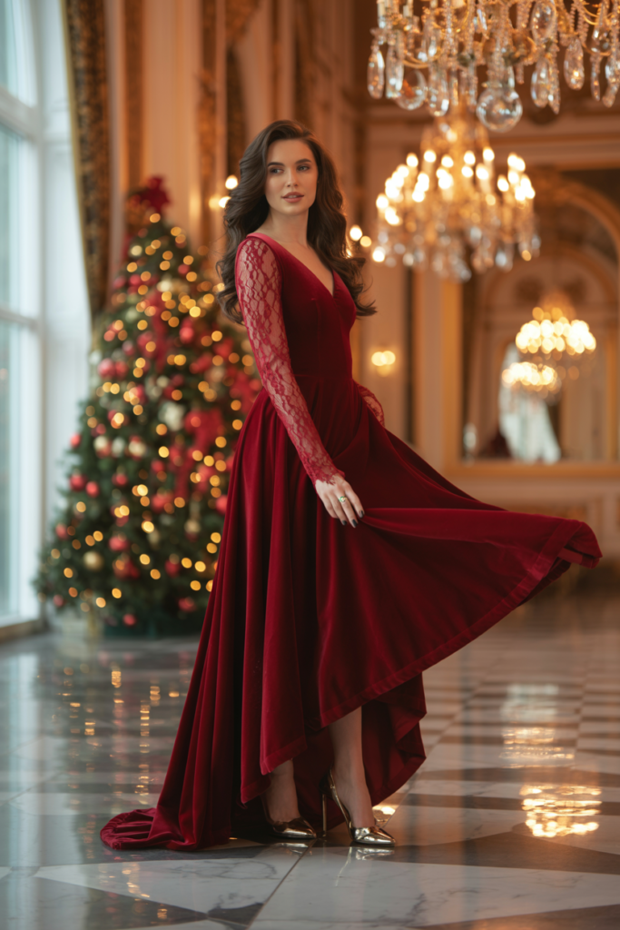  Red Lace Gown with Sheer Sleeves