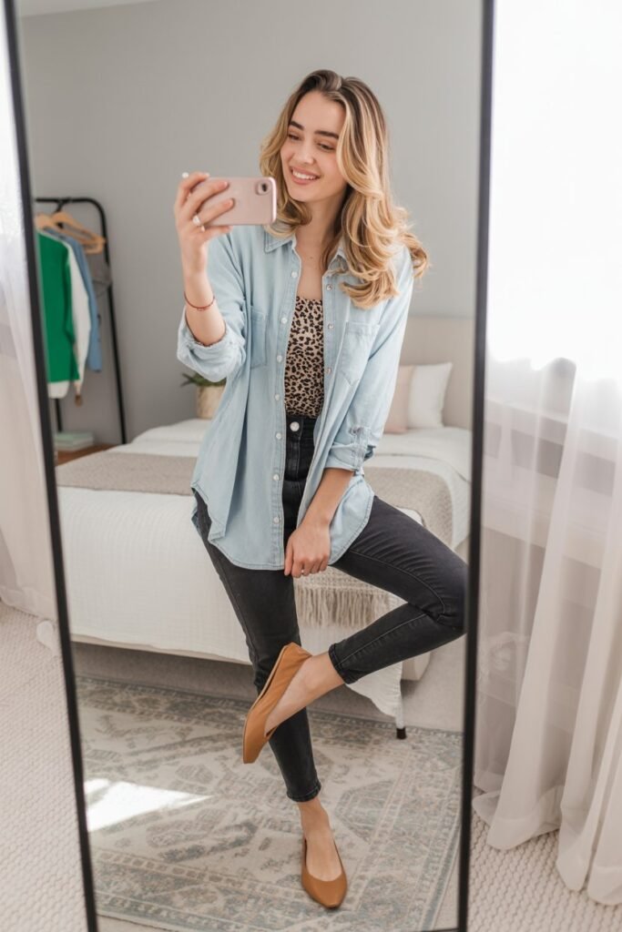 Denim Shirt Over Leopard Print