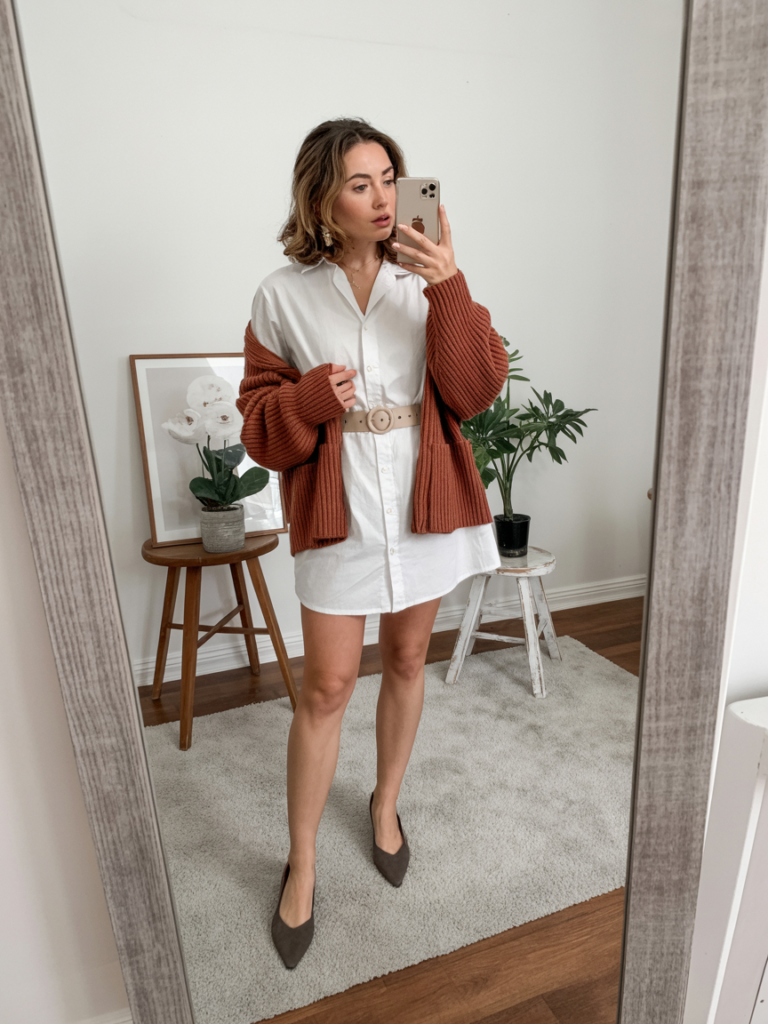 Layered Elegance: White Dress and Cardigan