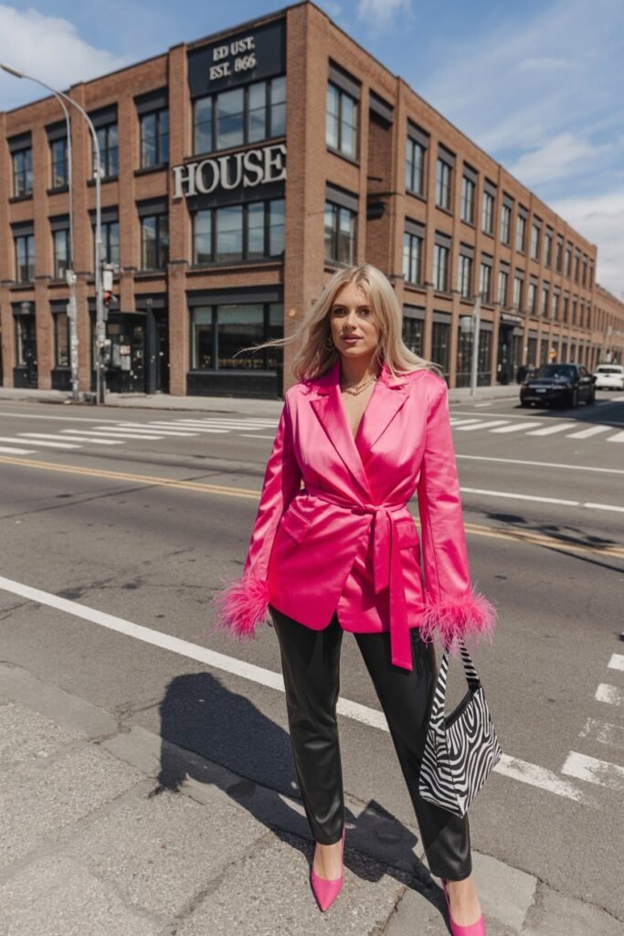Bold Fuchsia Blazer with Leather Pants