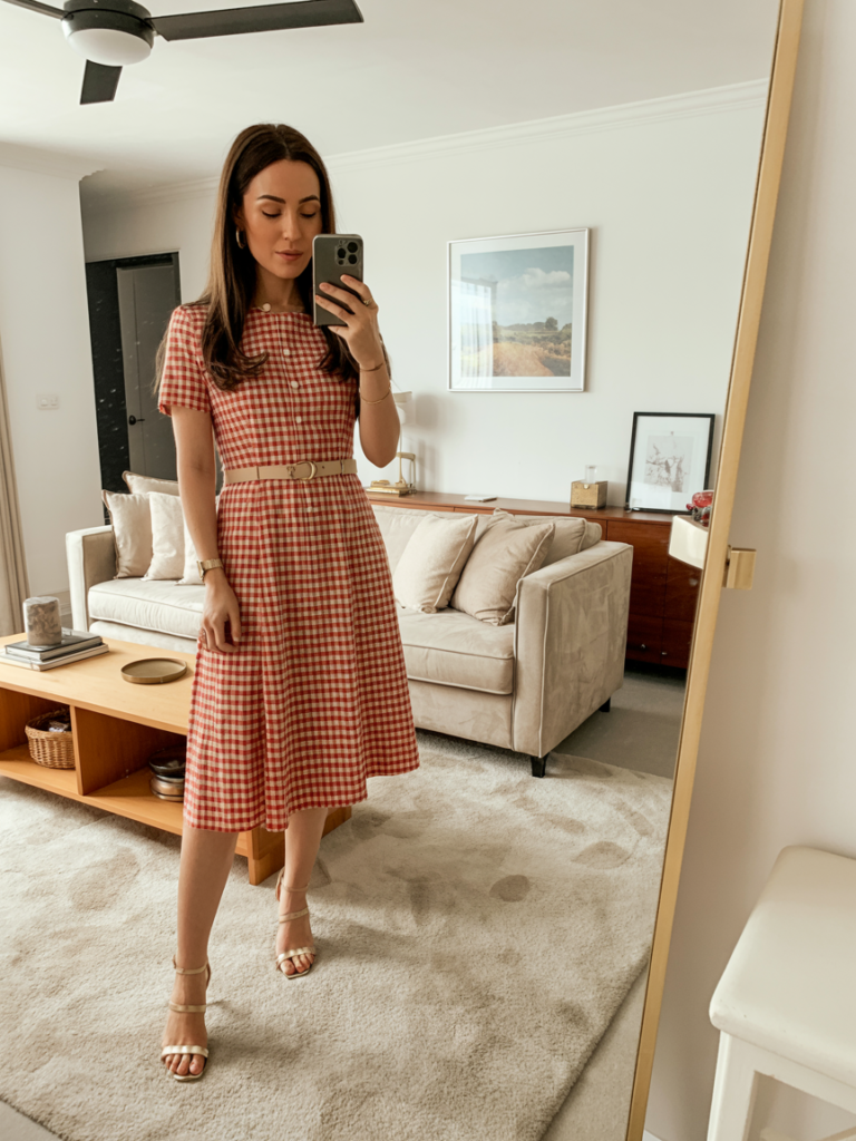 Red Textured Dress with Thin Belt