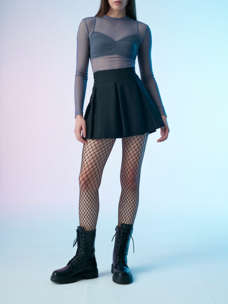 Plaid Mini Skirt and Mesh Long Sleeve Top