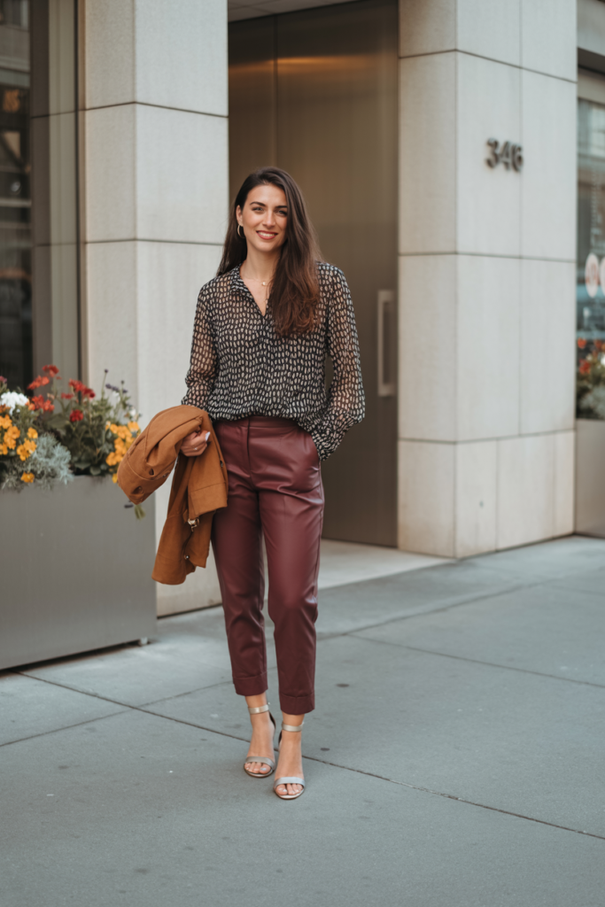 Patterned Blouse with Burgundy Trousers