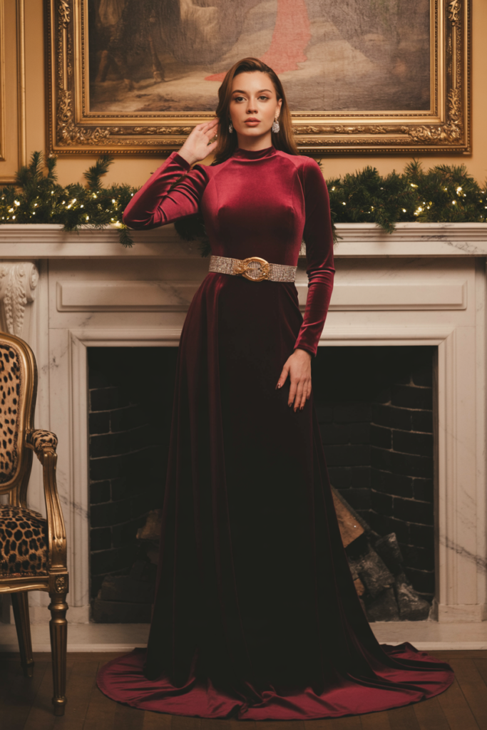 Burgundy Velvet Gown with High Neckline