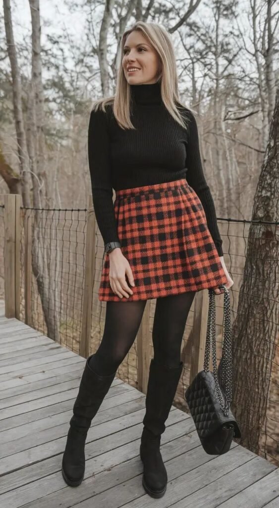 Turtleneck and Plaid Skirt Combo